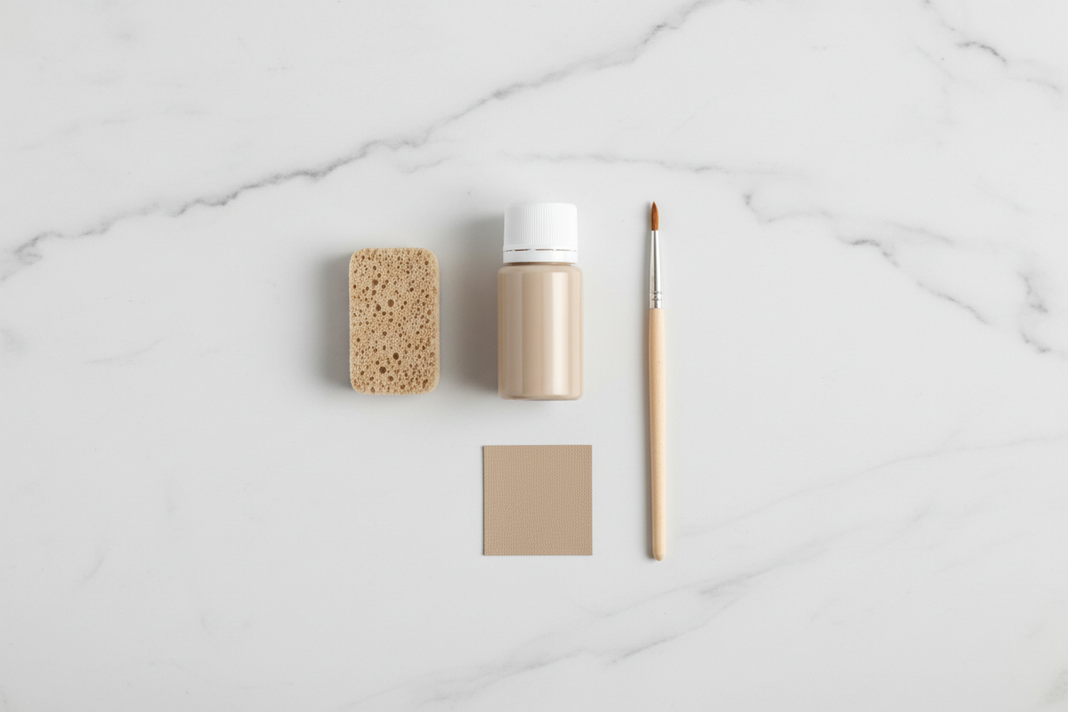 Hide Labs leather repair paint flat lay with tools and colour swatch