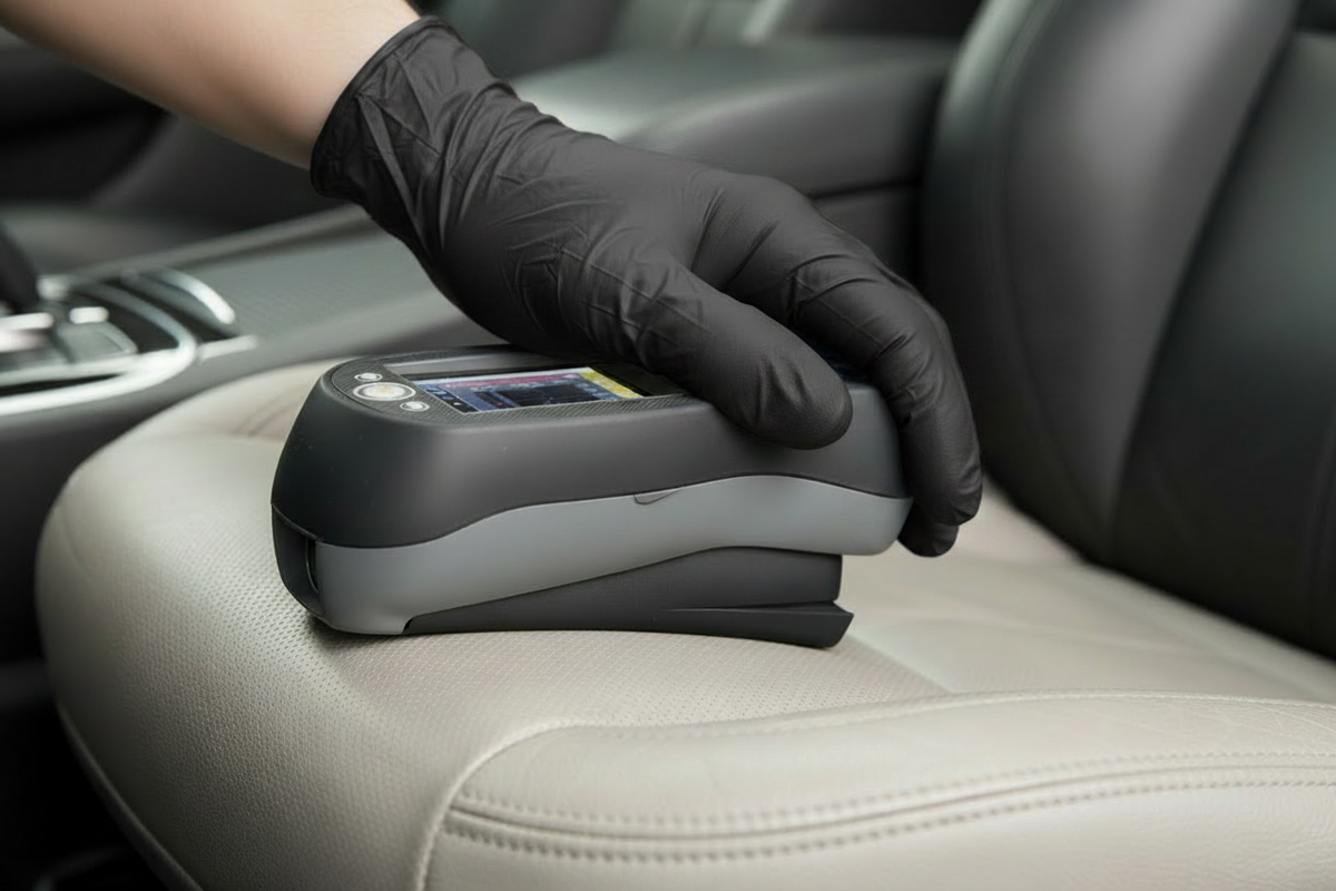 Spectrophotometer scanning white leather car seat with black latex gloves
