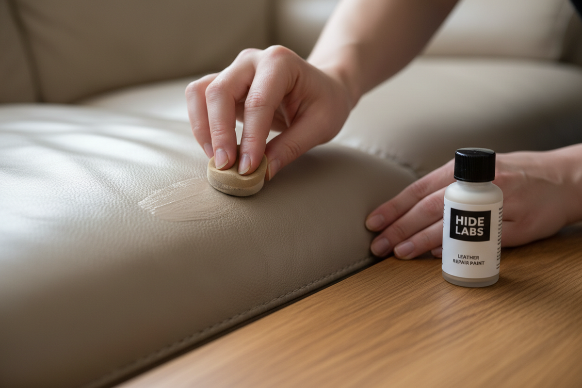 Applying Hide Labs leather repair paint with sponge